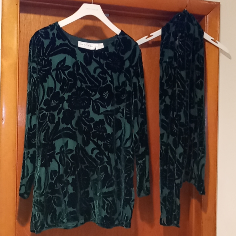 Silk Lore Green Velvet Top w/ Scarf, M #241